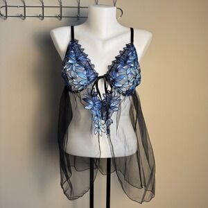 Victoria's Secret Babydoll Lingerie Black Blue Floral Embroidered Sheer Size XXL